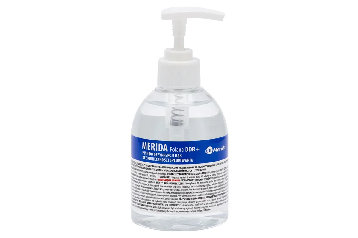 Płyn dezynfekcyjny MERIDA POLANA DDR+ do chirurgicznej i higienicznej dezynfekcji rąk, butelka 300 ml z pompką
 Merida MAD955