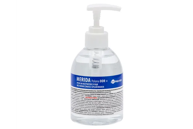 Płyn dezynfekcyjny MERIDA POLANA DDR+ do chirurgicznej i higienicznej dezynfekcji rąk, butelka 300 ml z pompką
 Merida MAD955