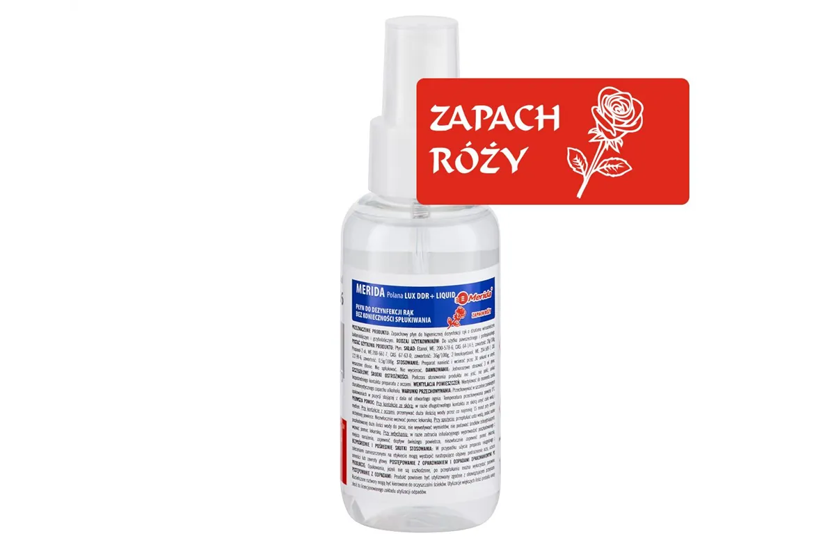 Płyn dezynfekcyjny o zapachu róży MERIDA POLANA LUX DDR+ LIQUID do higienicznej dezynfekcji rąk 100ml z atomizerem
 MAD966