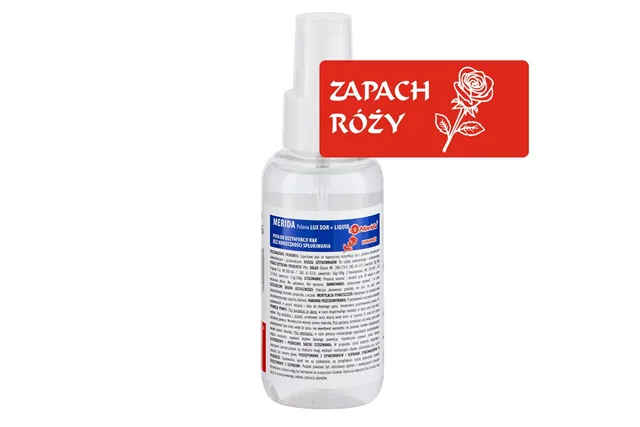 Płyn dezynfekcyjny o zapachu róży MERIDA POLANA LUX DDR+ LIQUID do higienicznej dezynfekcji rąk 100ml z atomizerem
 MAD966
