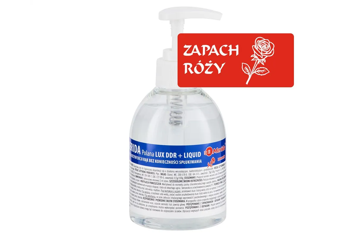 Płyn dezynfekcyjny o zapachu róży MERIDA POLANA LUX DDR+ LIQUID do higienicznej dezynfekcji rąk, butelka 300 ml z pompką
 MAD96