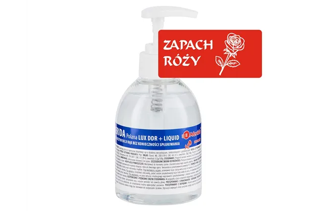 Płyn dezynfekcyjny o zapachu róży MERIDA POLANA LUX DDR+ LIQUID do higienicznej dezynfekcji rąk, butelka 300 ml z pompką
 MAD96