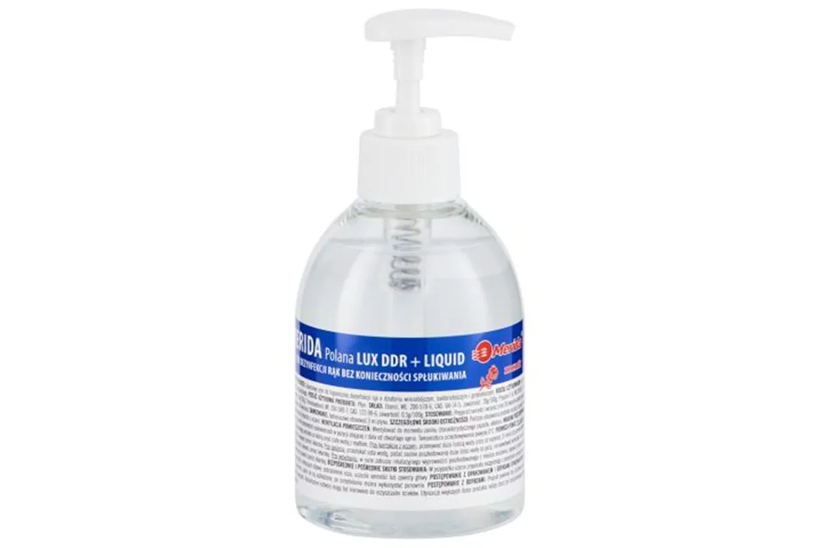 Płyn dezynfekcyjny o zapachu róży MERIDA POLANA LUX DDR+ LIQUID do higienicznej dezynfekcji rąk, butelka 300 ml z pompką
 MAD96