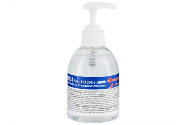 Płyn dezynfekcyjny o zapachu róży MERIDA POLANA LUX DDR+ LIQUID do higienicznej dezynfekcji rąk, butelka 300 ml z pompką
 MAD96