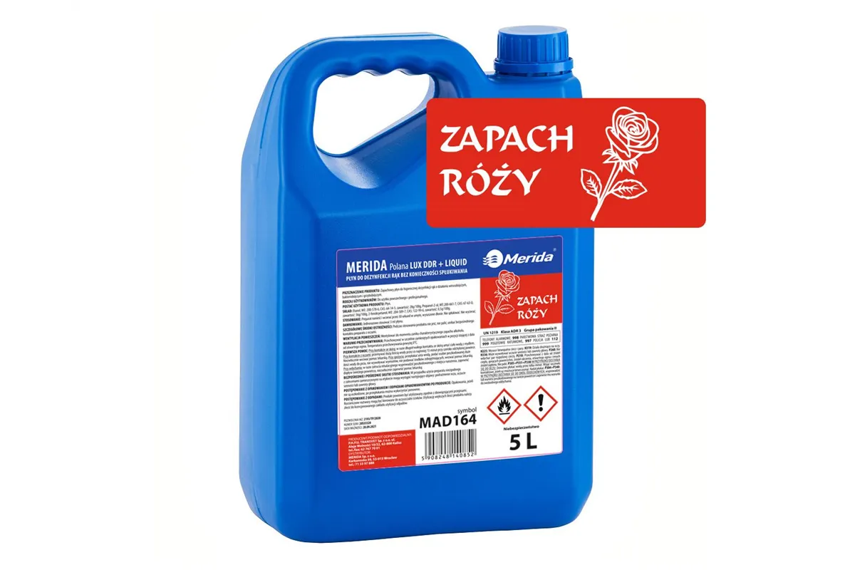Płyn dezynfekcyjny o zapachu róży MERIDA POLANA LUX DDR+ LIQUID do higienicznej dezynfekcji rąk, kanister 5 l
 Merida MAD164
