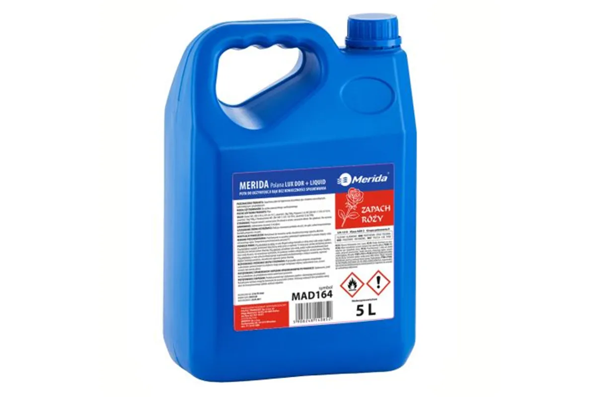 Płyn dezynfekcyjny o zapachu róży MERIDA POLANA LUX DDR+ LIQUID do higienicznej dezynfekcji rąk, kanister 5 l
 Merida MAD164
