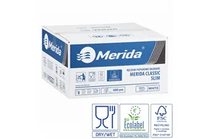 Ręczniki papierowe MERIDA CLASSIC SLIM, białe, jednowarstwowe, 3000 szt., ECOLABEL
 Merida VKB201