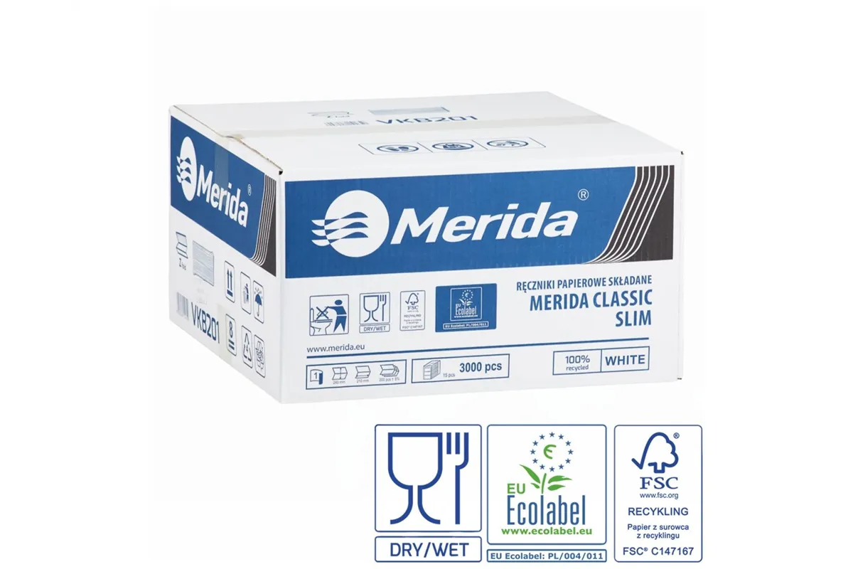 Ręczniki papierowe MERIDA CLASSIC SLIM, białe, jednowarstwowe, 3000 szt., ECOLABEL
 Merida VKB201