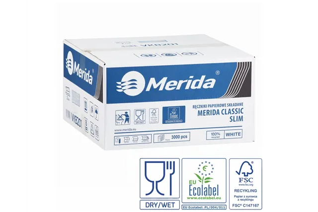 Ręczniki papierowe MERIDA CLASSIC SLIM, białe, jednowarstwowe, 3000 szt., ECOLABEL
 Merida VKB201