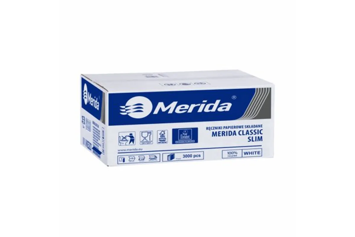 Ręczniki papierowe MERIDA CLASSIC SLIM, białe, jednowarstwowe, 3000 szt., ECOLABEL
 Merida VKB201