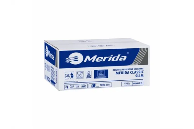 Ręczniki papierowe MERIDA CLASSIC SLIM, białe, jednowarstwowe, 3000 szt., ECOLABEL
 Merida VKB201