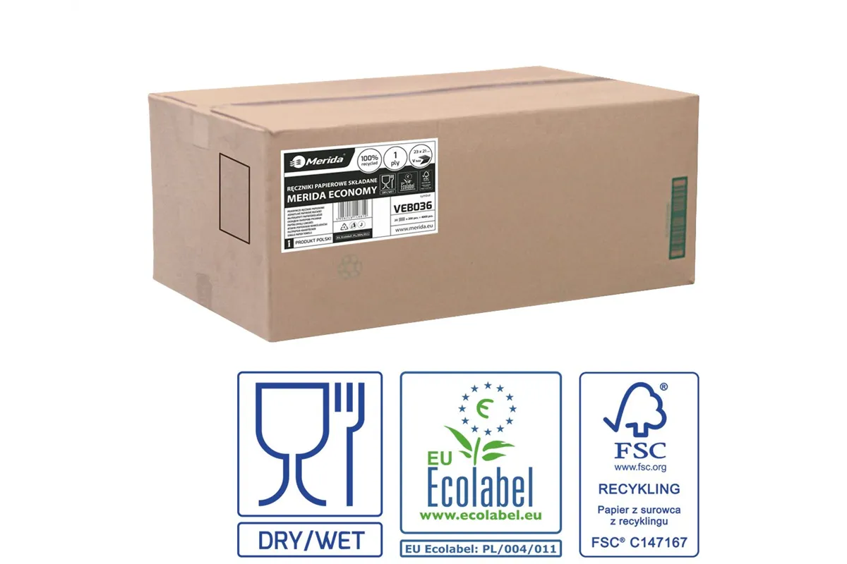 Ręczniki papierowe MERIDA ECONOMY, białe, jednowarstwowe, 4000 szt., ECOLABEL
 Merida VEB036