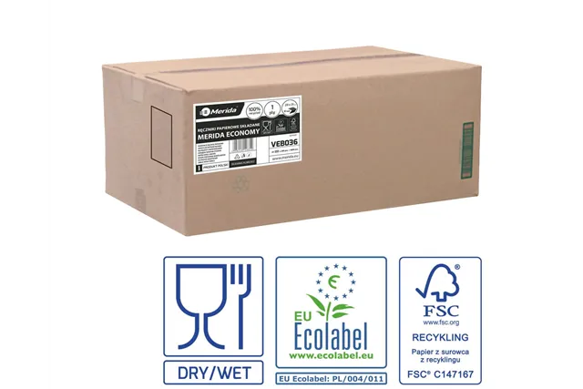 Ręczniki papierowe MERIDA ECONOMY, białe, jednowarstwowe, 4000 szt., ECOLABEL
 Merida VEB036