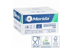 Ręczniki papierowe MERIDA OPTIMUM SLIM, białe, dwuwarstwowe, 2700 szt., ECOLABEL
 Merida VOB207