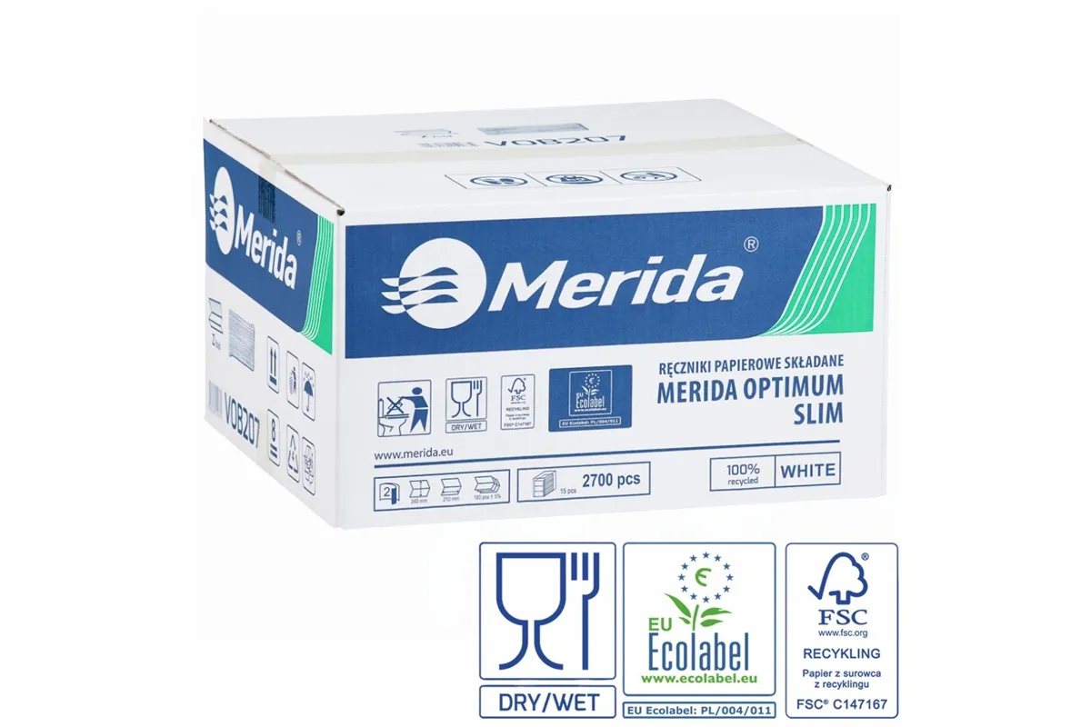 Ręczniki papierowe MERIDA OPTIMUM SLIM, białe, dwuwarstwowe, 2700 szt., ECOLABEL
 Merida VOB207