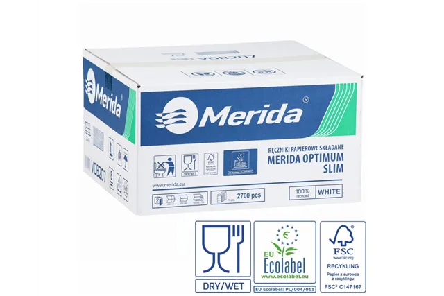 Ręczniki papierowe MERIDA OPTIMUM SLIM, białe, dwuwarstwowe, 2700 szt., ECOLABEL
 Merida VOB207