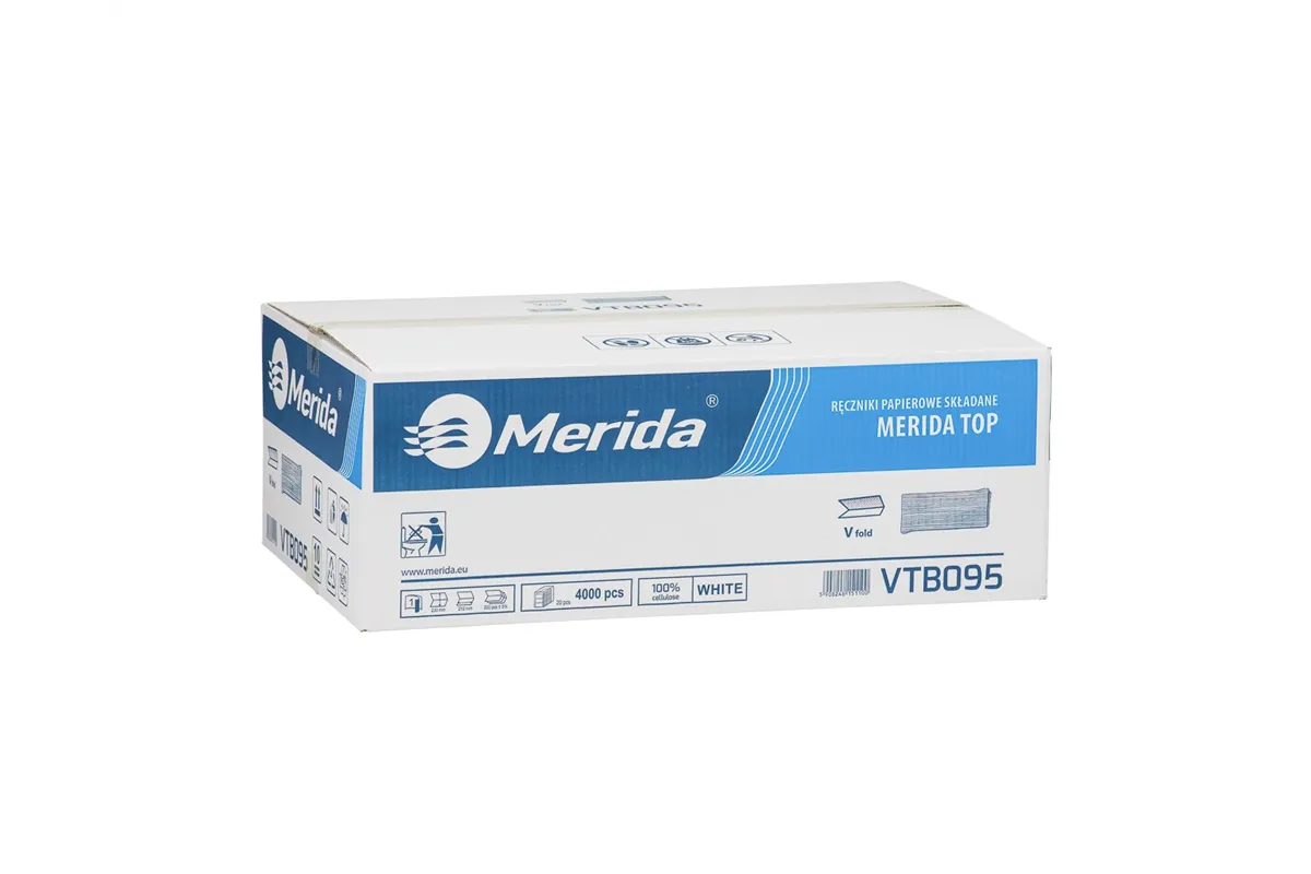 Ręczniki papierowe MERIDA TOP, białe, jednowarstwowe, 4000 szt.
 Merida VTB095