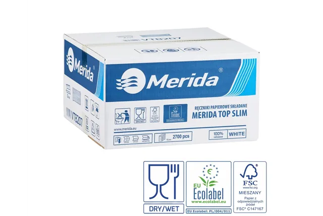 Ręczniki papierowe MERIDA TOP SLIM, białe, dwuwarstwowe, 2700 szt., ECOLABEL
 Merida VTB207