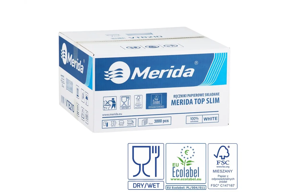 Ręczniki papierowe MERIDA TOP SLIM, białe, jednowarstwowe, 3000 szt., ECOLABEL
 Merida VTB210