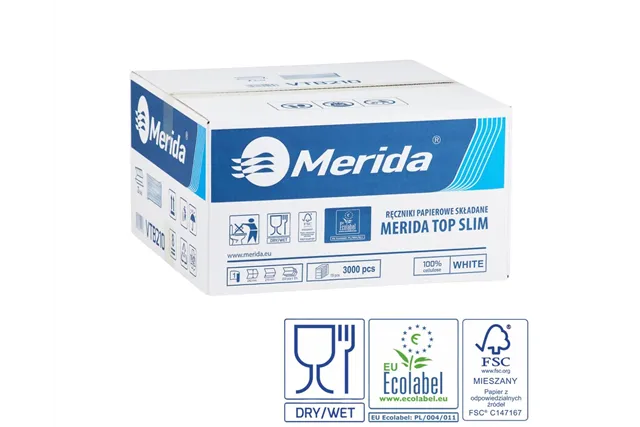 Ręczniki papierowe MERIDA TOP SLIM, białe, jednowarstwowe, 3000 szt., ECOLABEL
 Merida VTB210