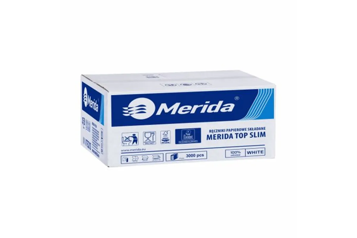 Ręczniki papierowe MERIDA TOP SLIM, białe, jednowarstwowe, 3000 szt., ECOLABEL
 Merida VTB210