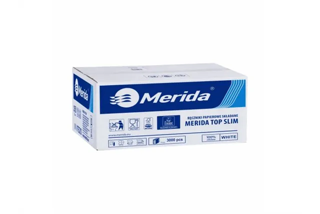 Ręczniki papierowe MERIDA TOP SLIM, białe, jednowarstwowe, 3000 szt., ECOLABEL
 Merida VTB210