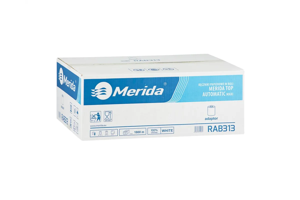 Ręczniki papierowe w roli z adaptorem MERIDA TOP AUTOMATIC MAXI, białe, śr. 19cm dł. 300m jednowarstwowe, 6 rolek
 RAB313