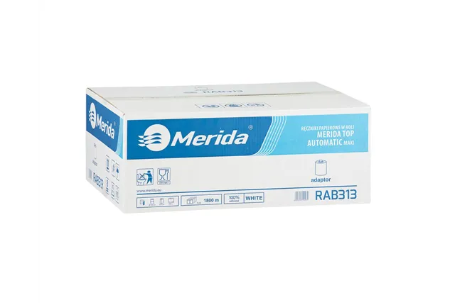 Ręczniki papierowe w roli z adaptorem MERIDA TOP AUTOMATIC MAXI, białe, śr. 19cm dł. 300m jednowarstwowe, 6 rolek
 RAB313