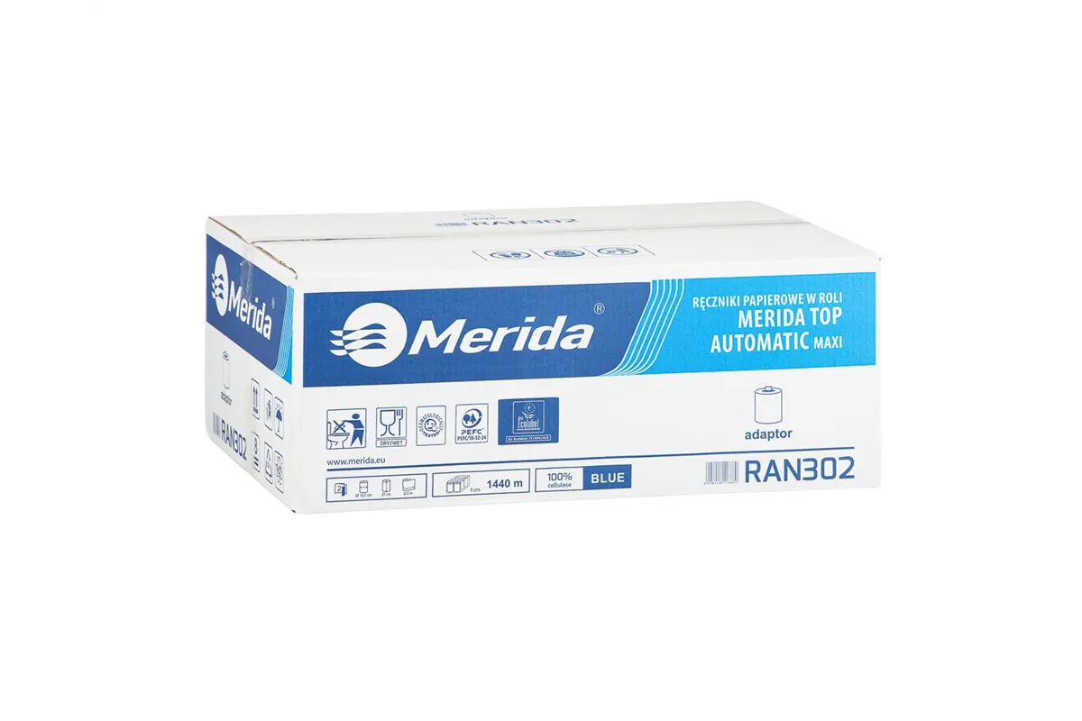 Ręczniki papierowe w roli z adaptorem MERIDA TOP AUTOMATIC MAXI niebieskie śr. 19,5cm dł. 240m dwuwarstwowe 6 rolek
 RAN302