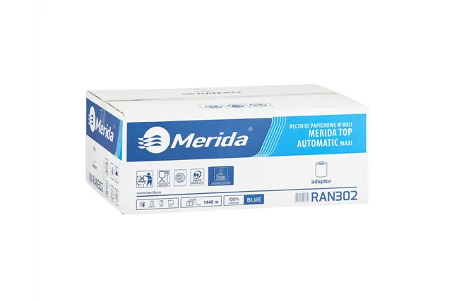 Ręczniki papierowe w roli z adaptorem MERIDA TOP AUTOMATIC MAXI niebieskie śr. 19,5cm dł. 240m dwuwarstwowe 6 rolek
 RAN302