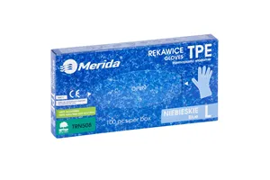 Rękawice elastomerowe TPE, niebieskie, rozmiar L, opakowanie 100 szt.
 Merida TRN508
