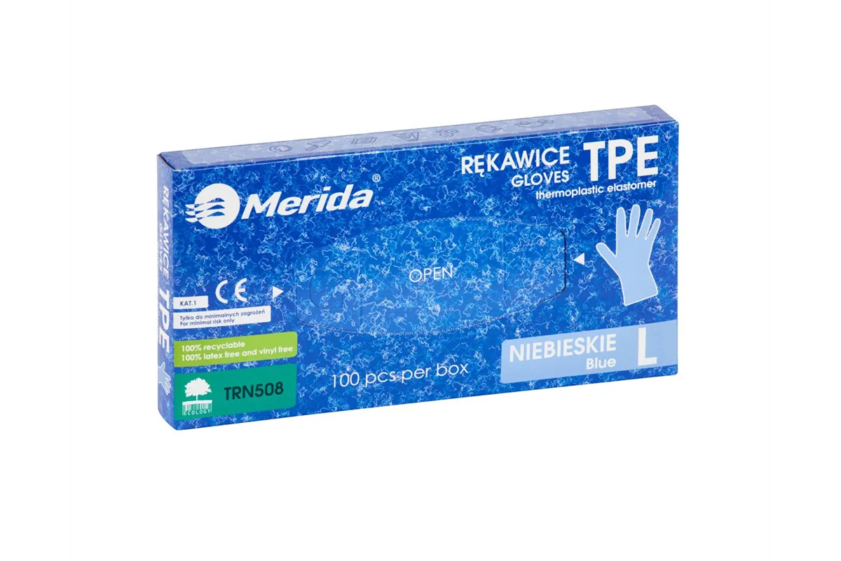 Rękawice elastomerowe TPE, niebieskie, rozmiar L, opakowanie 100 szt.
 Merida TRN508