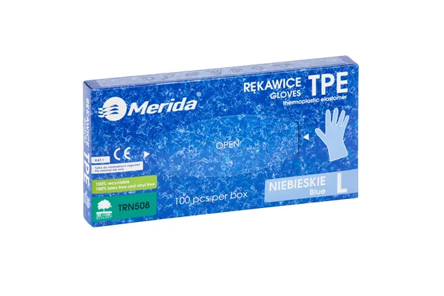 Rękawice elastomerowe TPE, niebieskie, rozmiar L, opakowanie 100 szt.
 Merida TRN508
