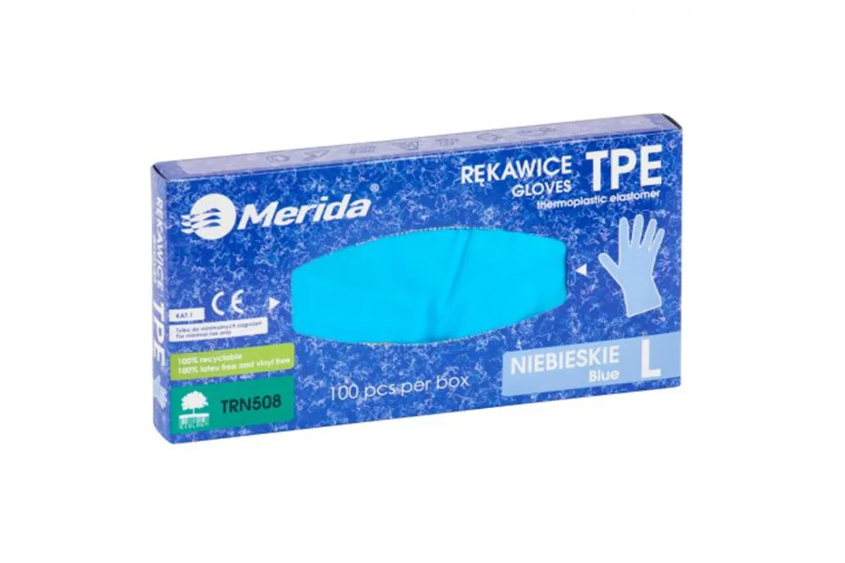 Rękawice elastomerowe TPE, niebieskie, rozmiar L, opakowanie 100 szt.
 Merida TRN508