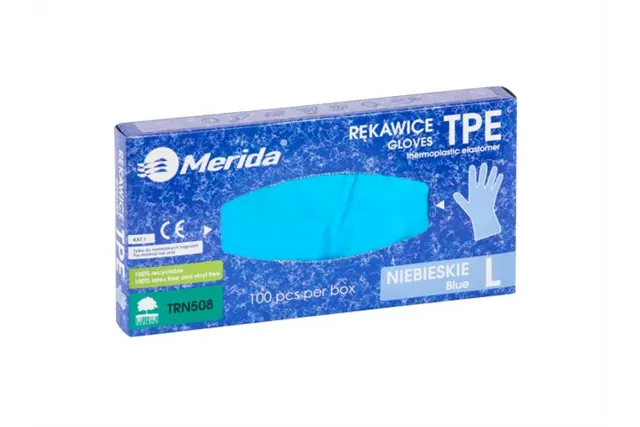 Rękawice elastomerowe TPE, niebieskie, rozmiar L, opakowanie 100 szt.
 Merida TRN508