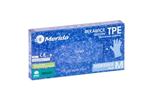 Rękawice elastomerowe TPE, niebieskie, rozmiar M, opakowanie 100 szt.
 Merida TRN507