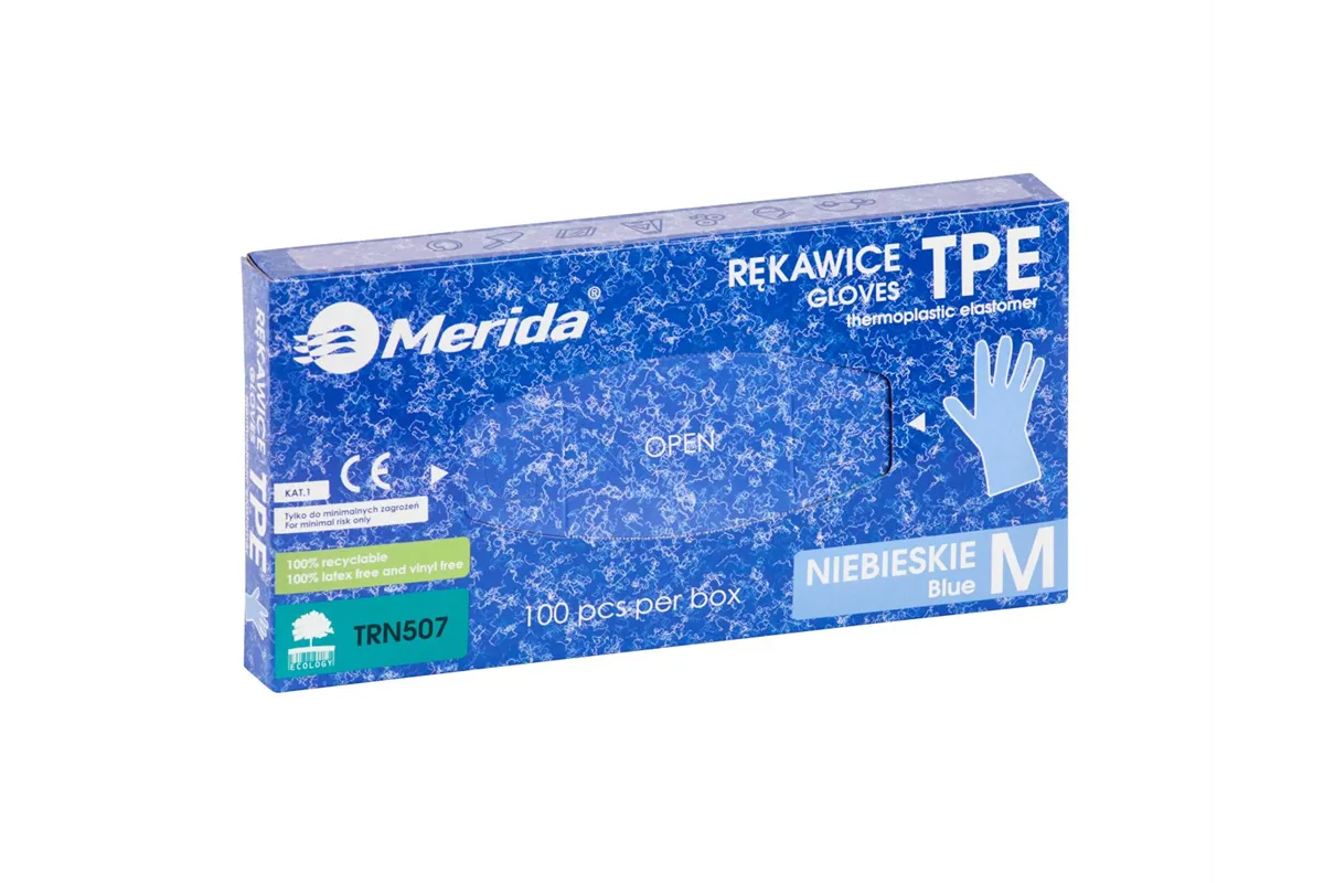 Rękawice elastomerowe TPE, niebieskie, rozmiar M, opakowanie 100 szt.
 Merida TRN507