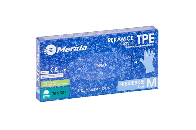 Rękawice elastomerowe TPE, niebieskie, rozmiar M, opakowanie 100 szt.
 Merida TRN507