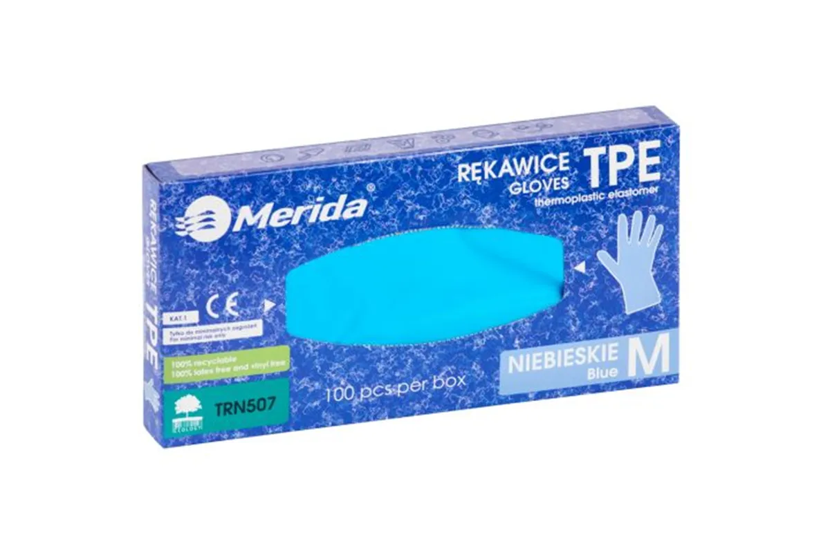Rękawice elastomerowe TPE, niebieskie, rozmiar M, opakowanie 100 szt.
 Merida TRN507