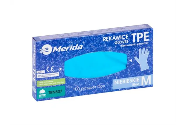 Rękawice elastomerowe TPE, niebieskie, rozmiar M, opakowanie 100 szt.
 Merida TRN507