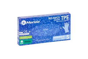 Rękawice elastomerowe TPE, niebieskie, rozmiar S, opakowanie 100 szt.
 Merida TRN506