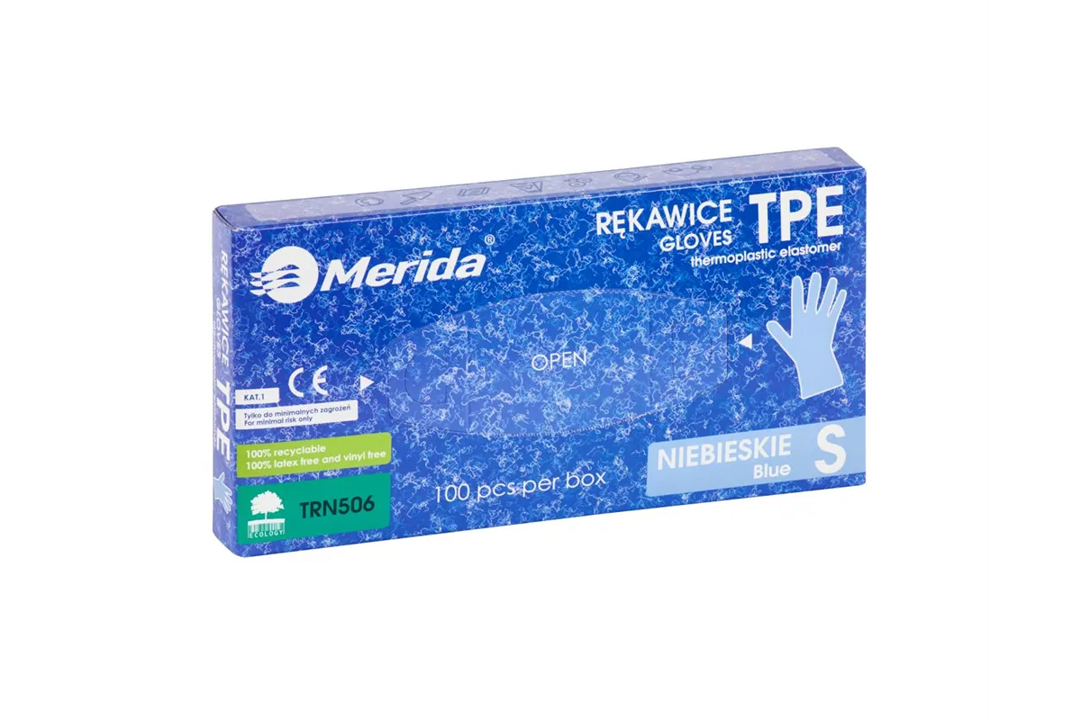 Rękawice elastomerowe TPE, niebieskie, rozmiar S, opakowanie 100 szt.
 Merida TRN506