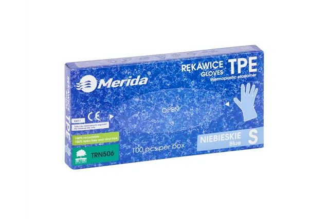 Rękawice elastomerowe TPE, niebieskie, rozmiar S, opakowanie 100 szt.
 Merida TRN506