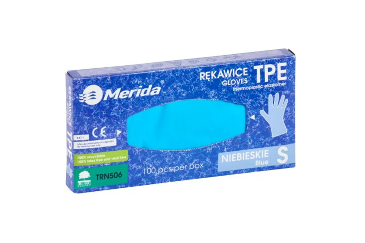 Rękawice elastomerowe TPE, niebieskie, rozmiar S, opakowanie 100 szt.
 Merida TRN506