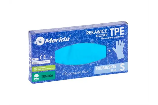 Rękawice elastomerowe TPE, niebieskie, rozmiar S, opakowanie 100 szt.
 Merida TRN506