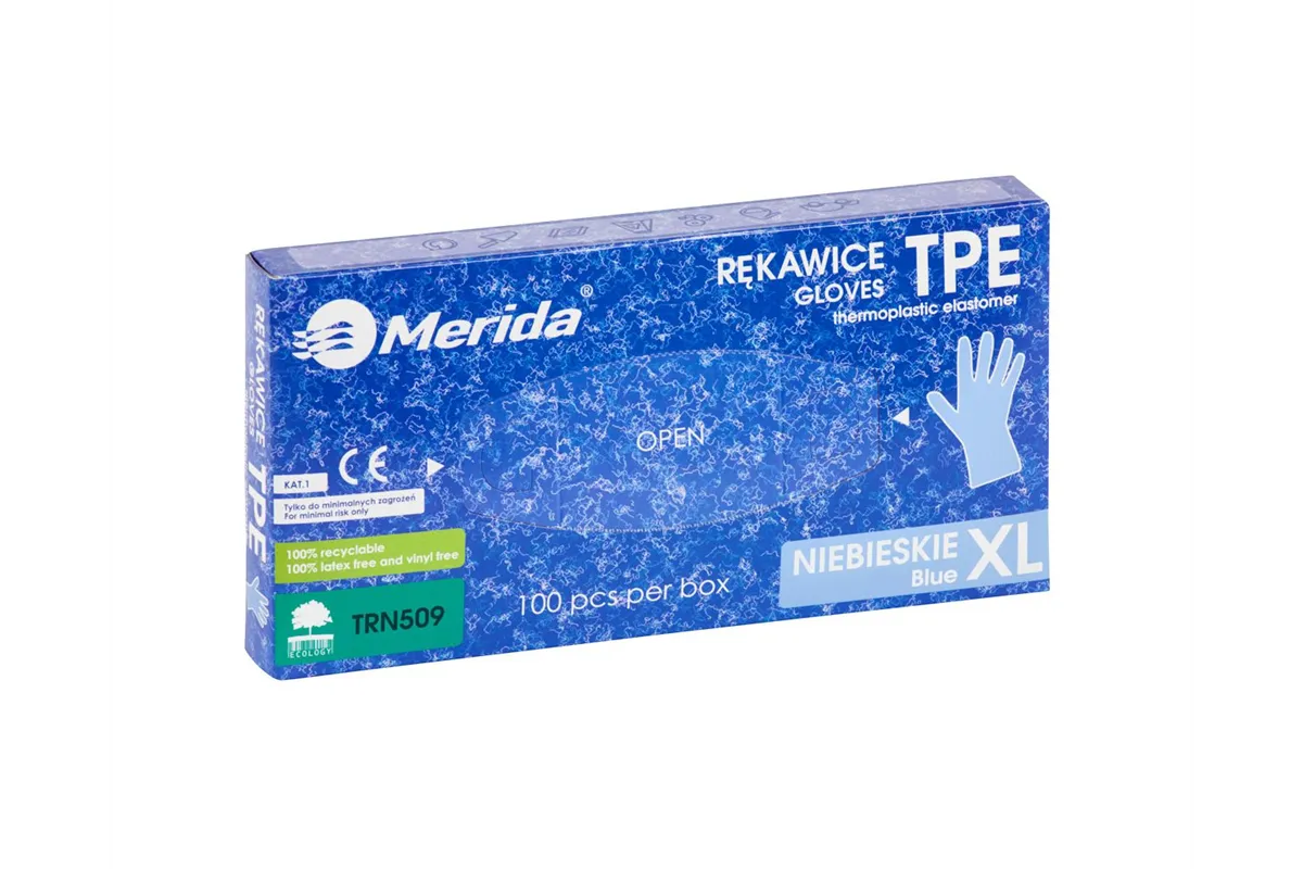 Rękawice elastomerowe TPE, niebieskie, rozmiar XL, opakowanie 100 szt.
 Merida TRN509