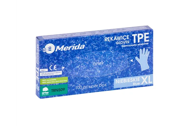Rękawice elastomerowe TPE, niebieskie, rozmiar XL, opakowanie 100 szt.
 Merida TRN509