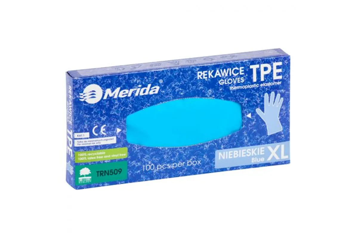 Rękawice elastomerowe TPE, niebieskie, rozmiar XL, opakowanie 100 szt.
 Merida TRN509