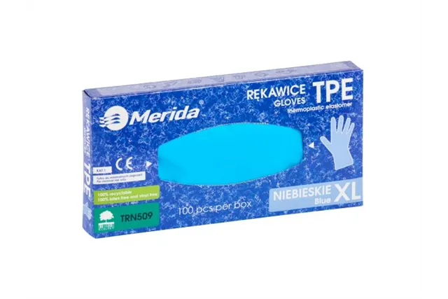 Rękawice elastomerowe TPE, niebieskie, rozmiar XL, opakowanie 100 szt.
 Merida TRN509