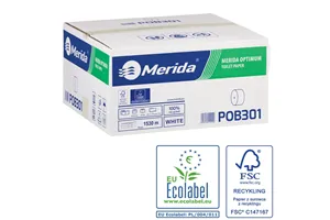 Papier toaletowy bez gilzy MERIDA OPTIMUM, biały, średnica 12 cm, długość 85 m, dwuwarstwowy, karton 18 szt., ECOLABEL
 POB301